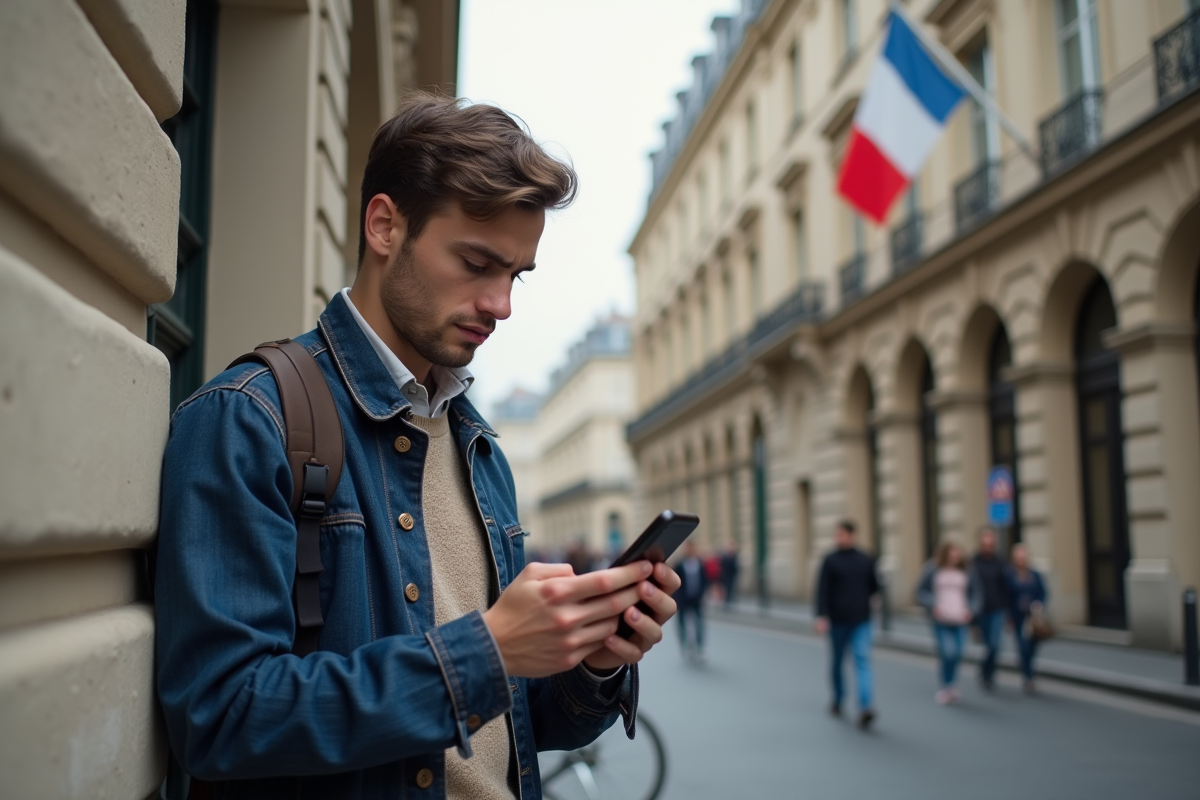 Jeune homme regardant son smartphone devant un bâtiment parisien