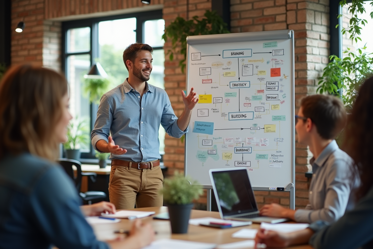 Jeune homme expliquant stratégie devant tableau blanc créatif