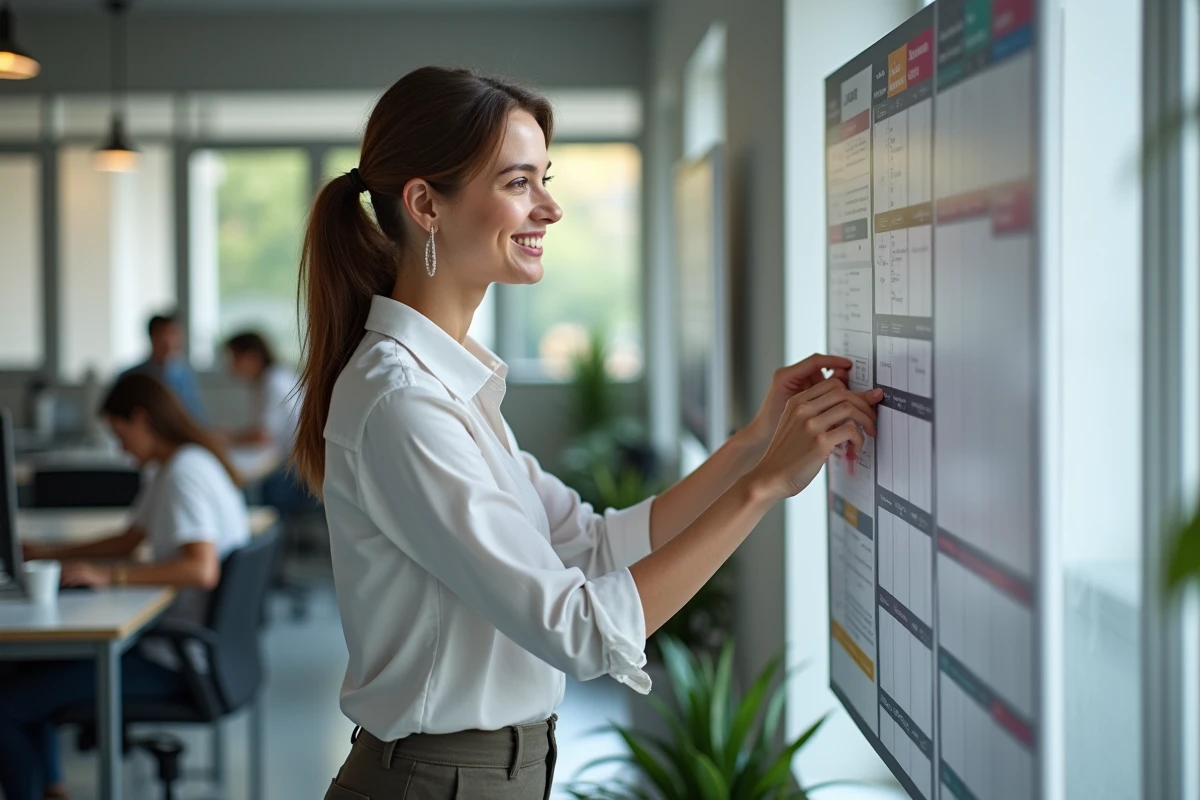 Jeune manager accroche une nouvelle tâche sur un planning