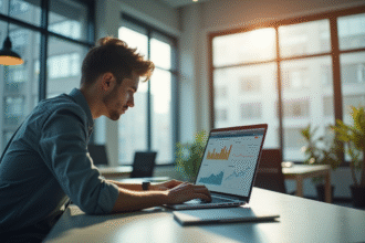 Jeune professionnel travaillant sur un ordinateur en marketing
