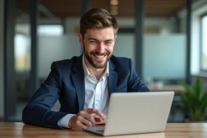 Jeune homme professionnel pointant son ordinateur portable