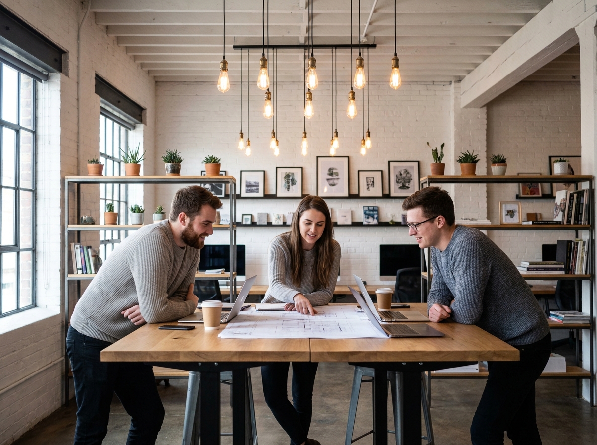 Groupe de jeunes professionnels collaborant dans un espace de coworking au design soigné avec une ambiance lumineuse agréable