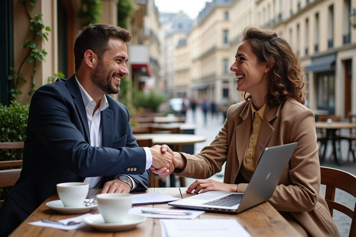 Jeunes entrepreneurs français se serrant la main dans un café parisien