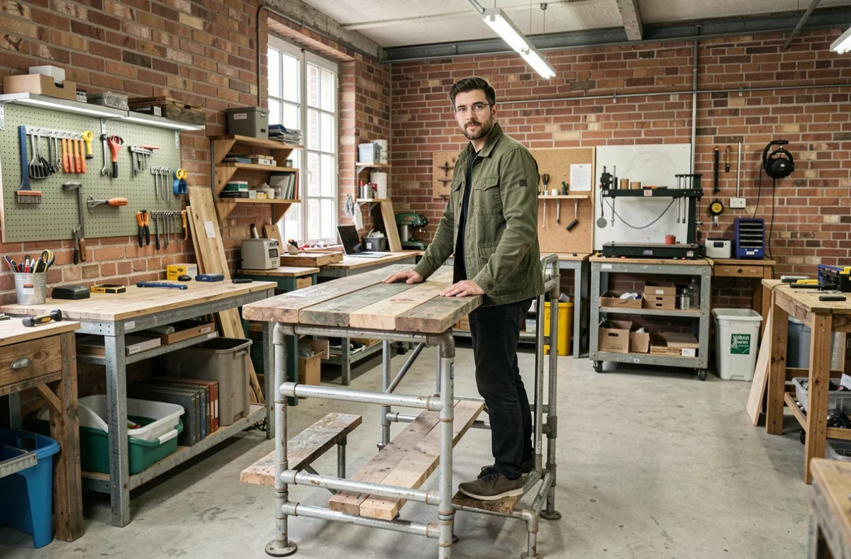 Espace de réemploi et d'innovation La Mine à Arcueil avec mobilier de récupération et postes de travail DIY