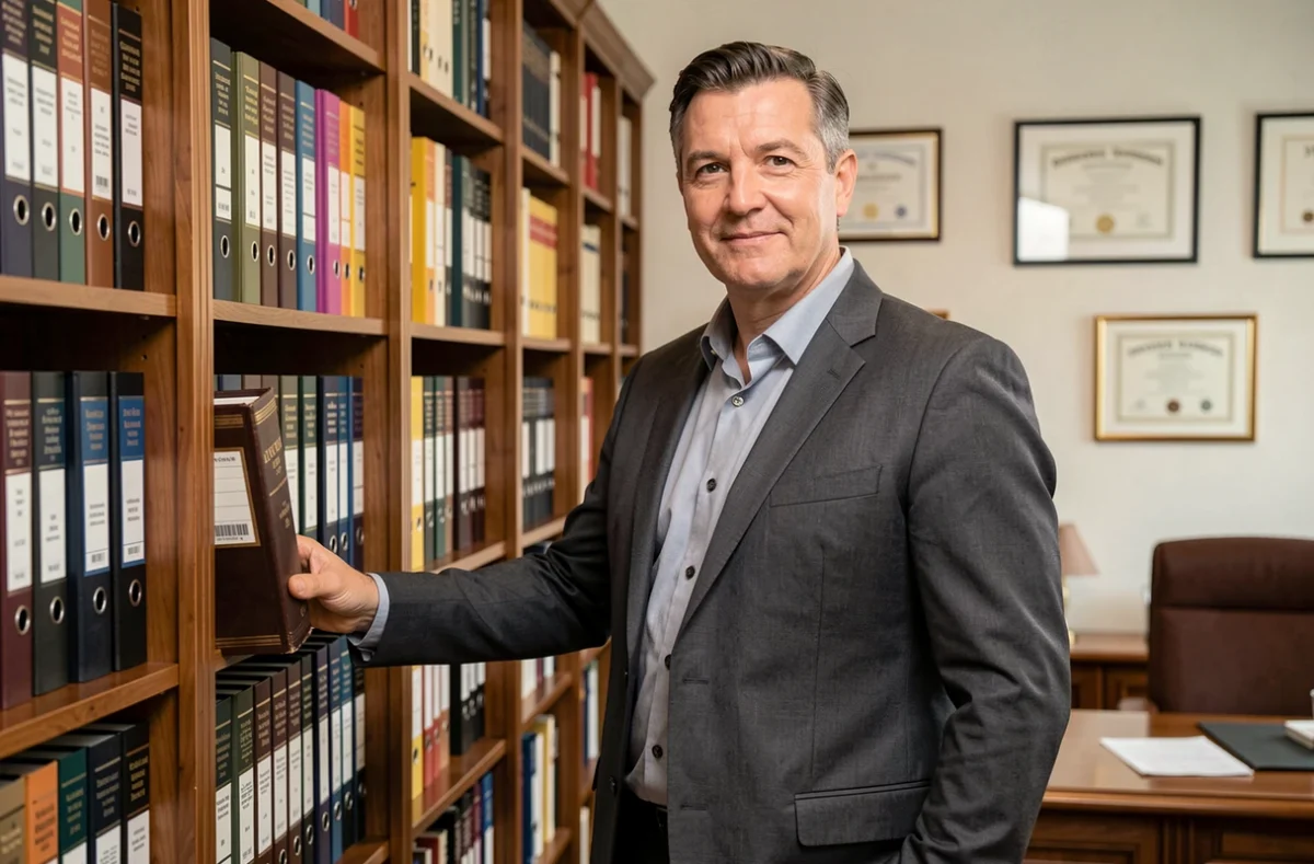 Laurent Gomis, avocat au barreau d'Évreux, debout à côté d'une bibliothèque juridique dans son cabinet