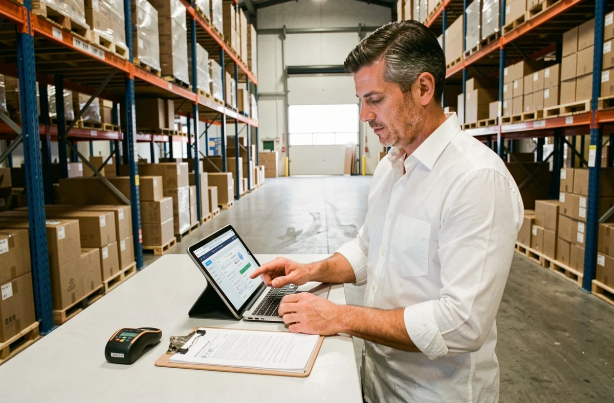 Responsable logistique consultant une plateforme d'approvisionnement B2B sur tablette dans un entrepôt professionnel