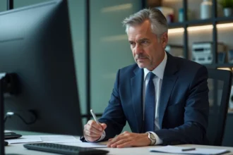 Manager en costume bleu dans un bureau moderne