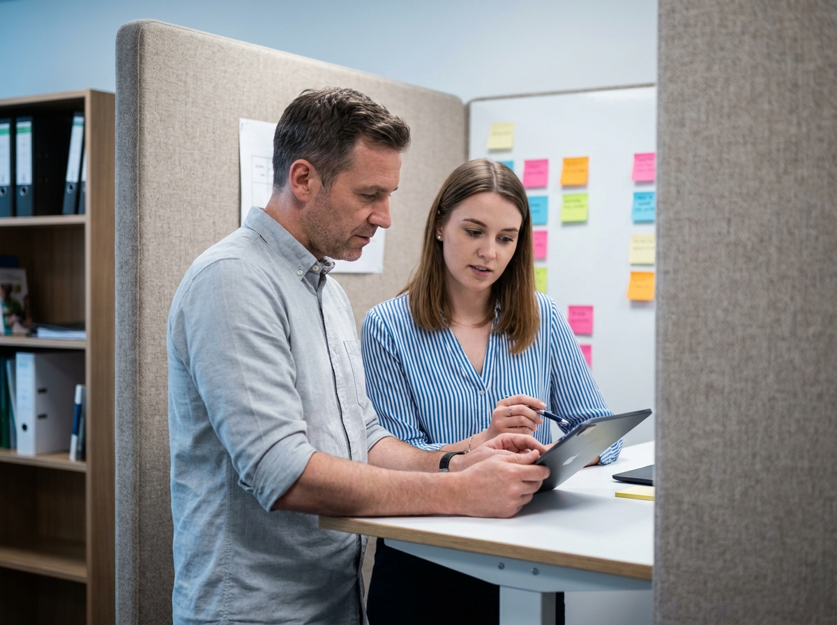 Manager et employée analysant ensemble un processus de cooptation sur une tablette dans un espace de travail collaboratif