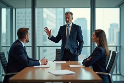 Manager en costume navy lors d'une réunion en entreprise