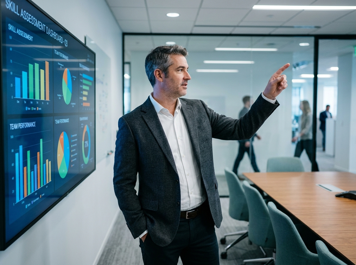 Manager présentant un tableau de bord de compétences internes lors d'une réunion d'évaluation