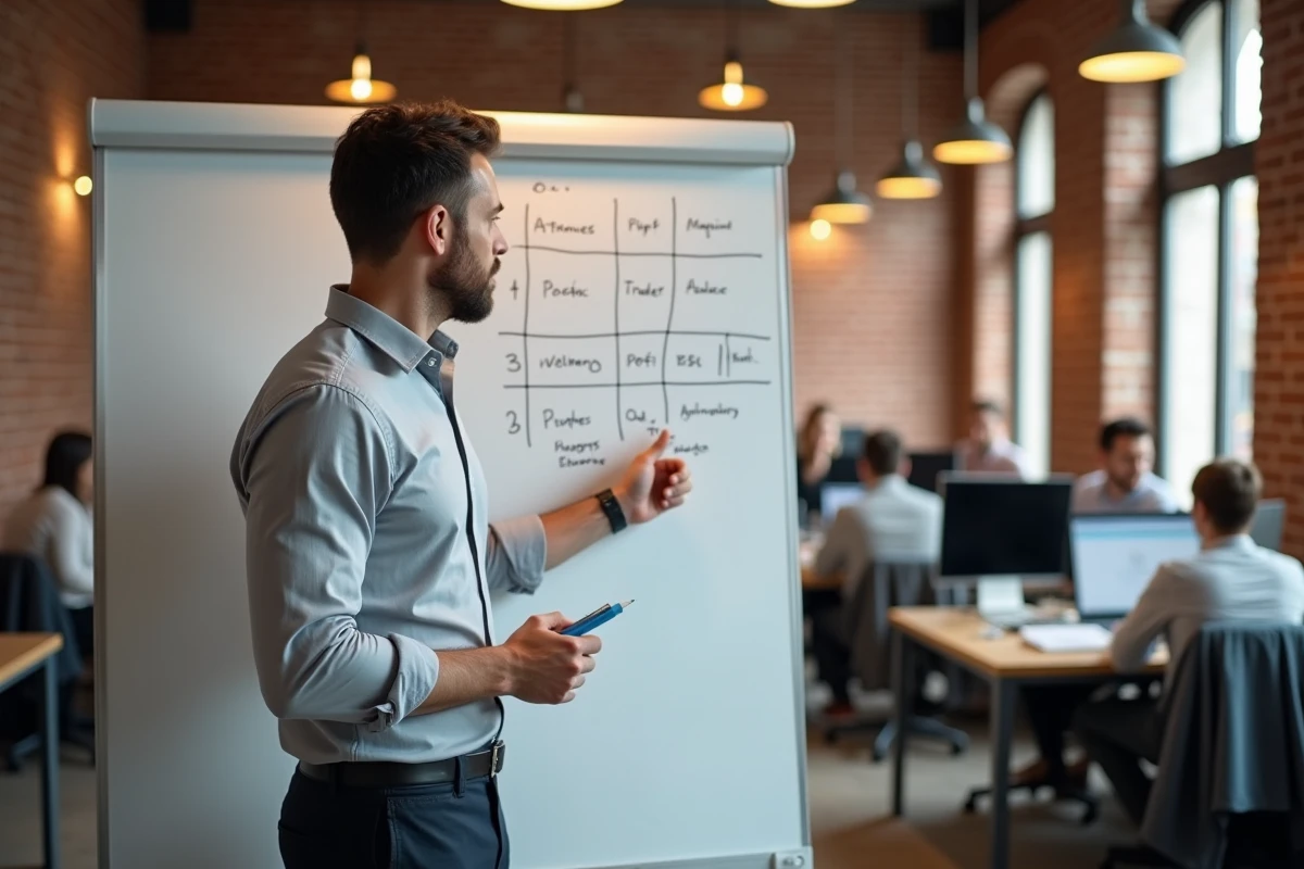 Manager présentant une matrice d'évaluation des performances sur tableau blanc avant une décision de promotion