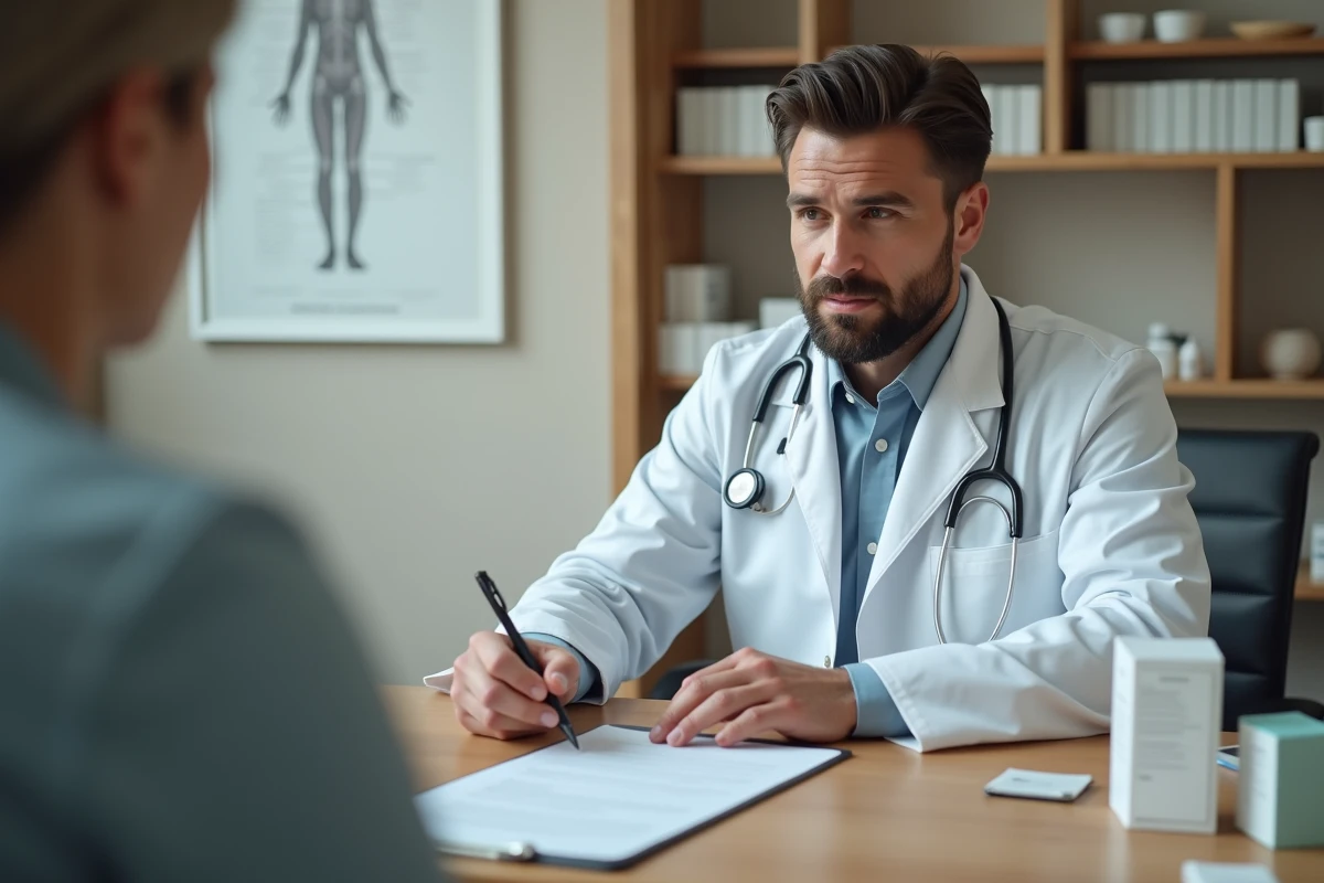 Médecin rédigeant une ordonnance pour des médicaments anti-inflammatoires avec deux boîtes de référence posées sur son bureau de consultation