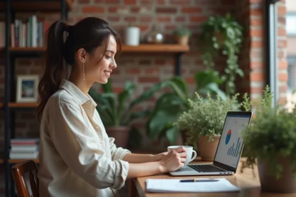 Jeune femme propriétaire d'une petite entreprise analysant les statistiques Instagram sur son ordinateur portable dans un bureau à domicile cosy