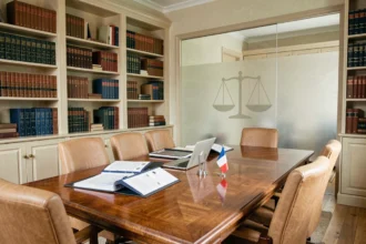 Vue d'ensemble d'un cabinet d'avocats en droit du travail en Normandie avec table de conférence et bibliothèque juridique