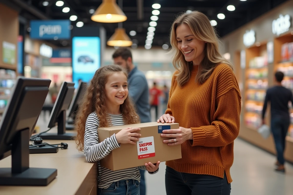 Mère utilisant une carte Shopping Pass à la caisse d'un centre commercial avec sa fille