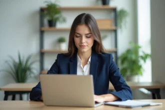 Femme professionnelle tapant sur un ordinateur portable dans un espace de coworking moderne, illustrant la mise en forme de contenu LinkedIn