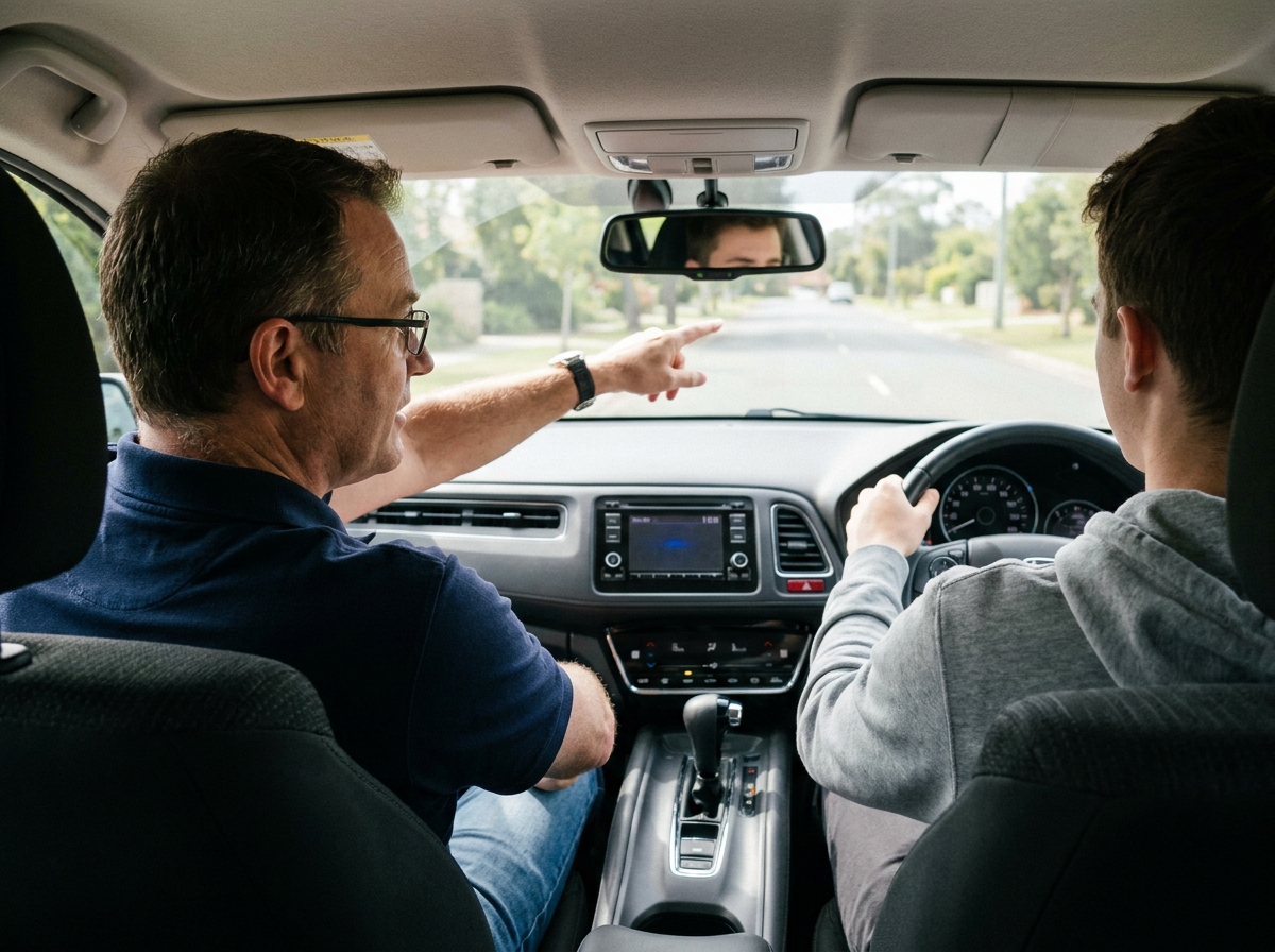 Moniteur d'auto-école expliquant les techniques de conduite à un élève en voiture automatique