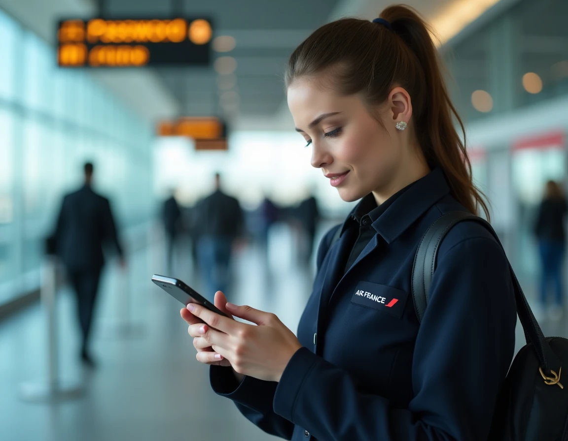 Agente Air France réinitialisant son mot de passe Intralignes sur smartphone dans un terminal d'aéroport