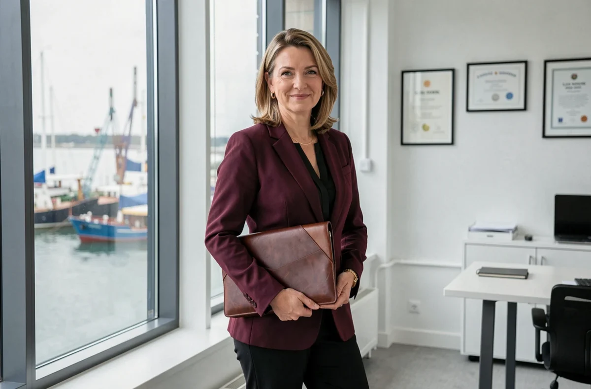 Nathalie Michel, avocate au barreau du Havre, en tailleur bordeaux avec vue sur le port en arrière-plan