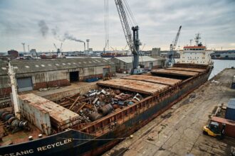 Navire cargo à toit amovible ouvert chargé de ferraille dans un port industriel