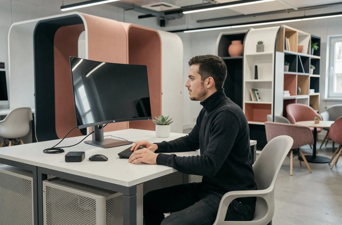 Espace collaboratif nouvelle génération Nextdoor à Ivry-sur-Seine avec un professionnel à un poste modulaire high-tech
