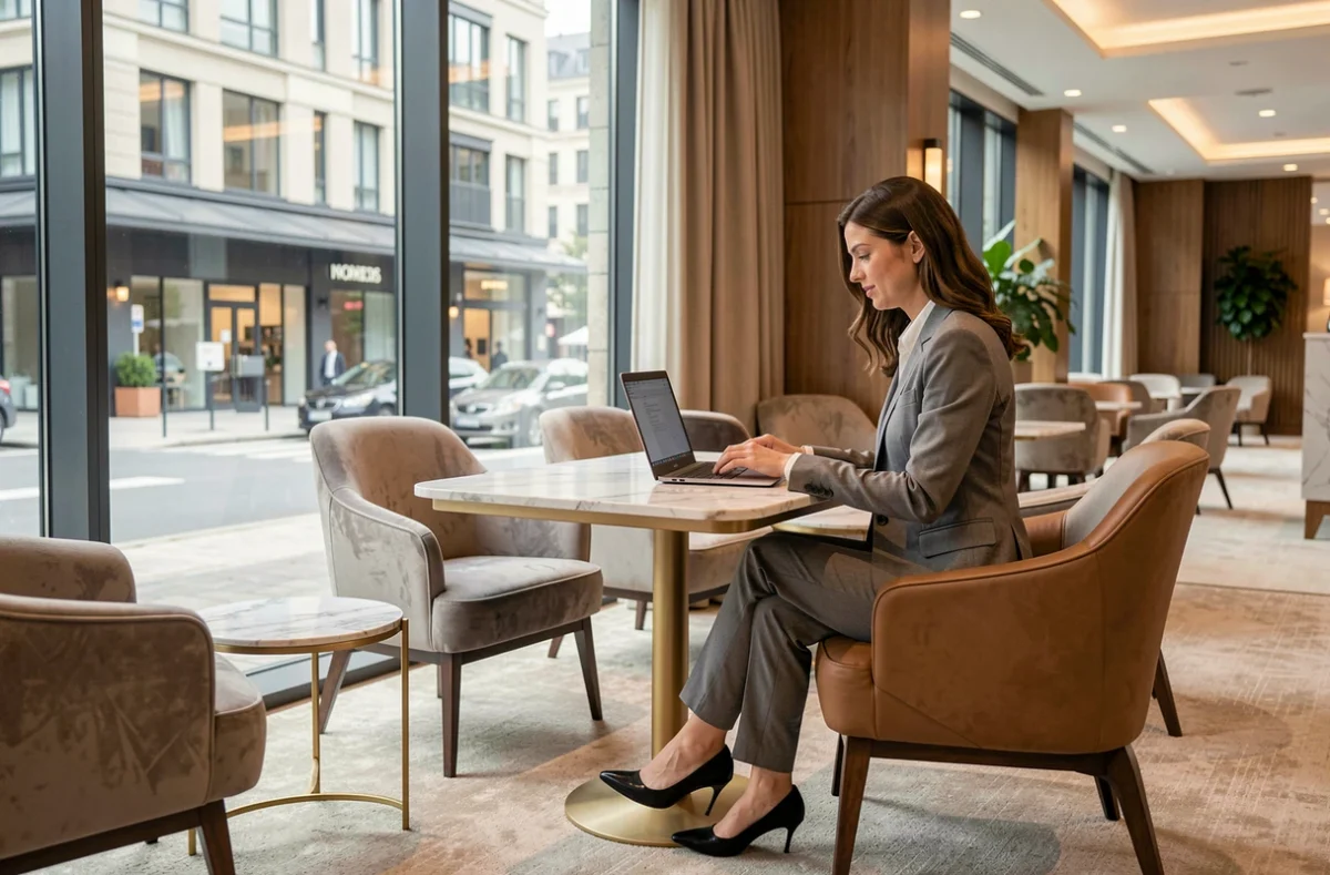 Espace de coworking hôtelier au Novotel Paris Charenton avec une professionnelle travaillant dans un cadre élégant