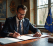 Office notarial français avec un professionnel en costume apposant un tampon
