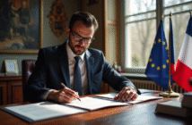 Office notarial français avec un professionnel en costume apposant un tampon