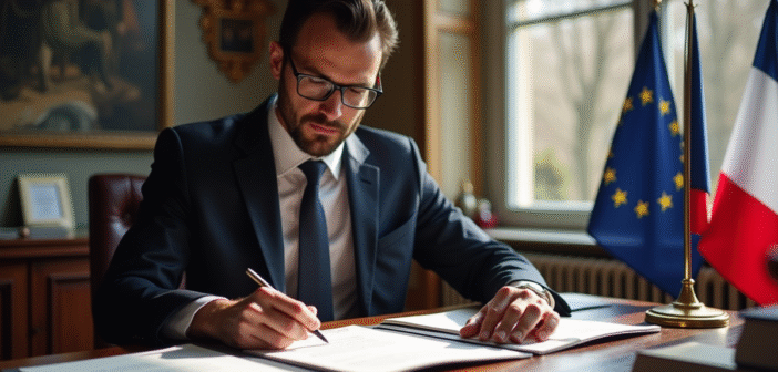 Office notarial français avec un professionnel en costume apposant un tampon