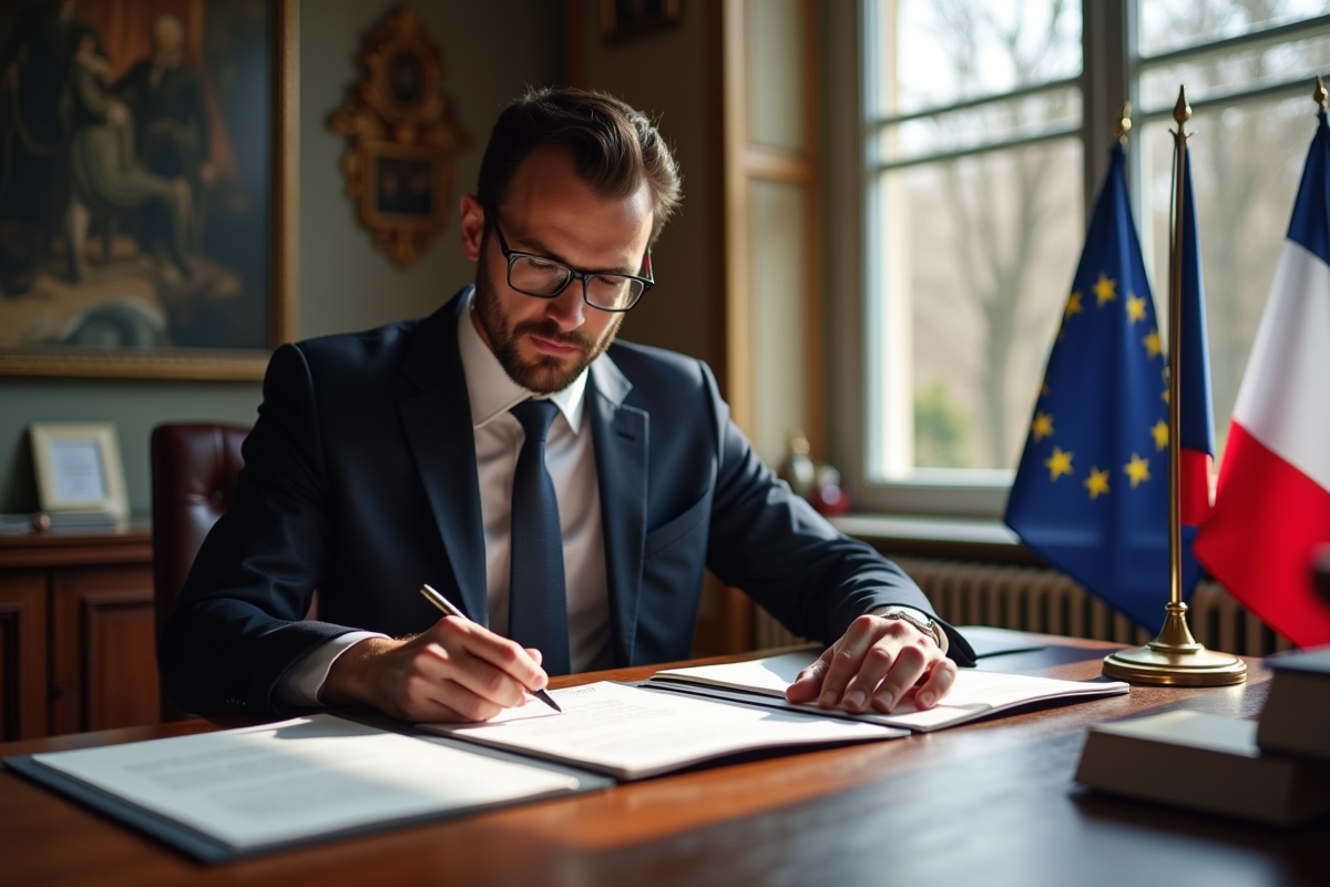 Office notarial français avec un professionnel en costume apposant un tampon