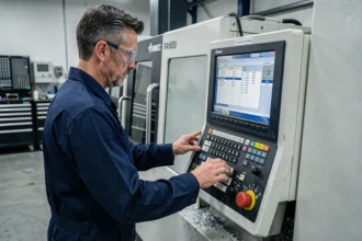 Opérateur CNC utilisant un panneau de commande Fanuc sur une fraiseuse industrielle en atelier de mécanique