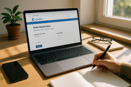 Photo d'un ordinateur portable moderne sur un bureau en bois avec site Cyclades ouvert