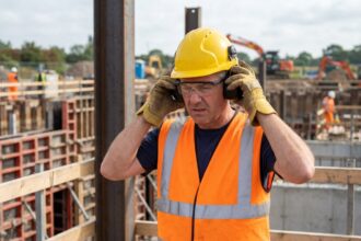 Ouvrier du bâtiment ajustant ses protections de sécurité