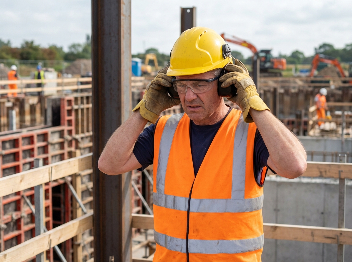 Ouvrier du bâtiment ajustant ses protections de sécurité