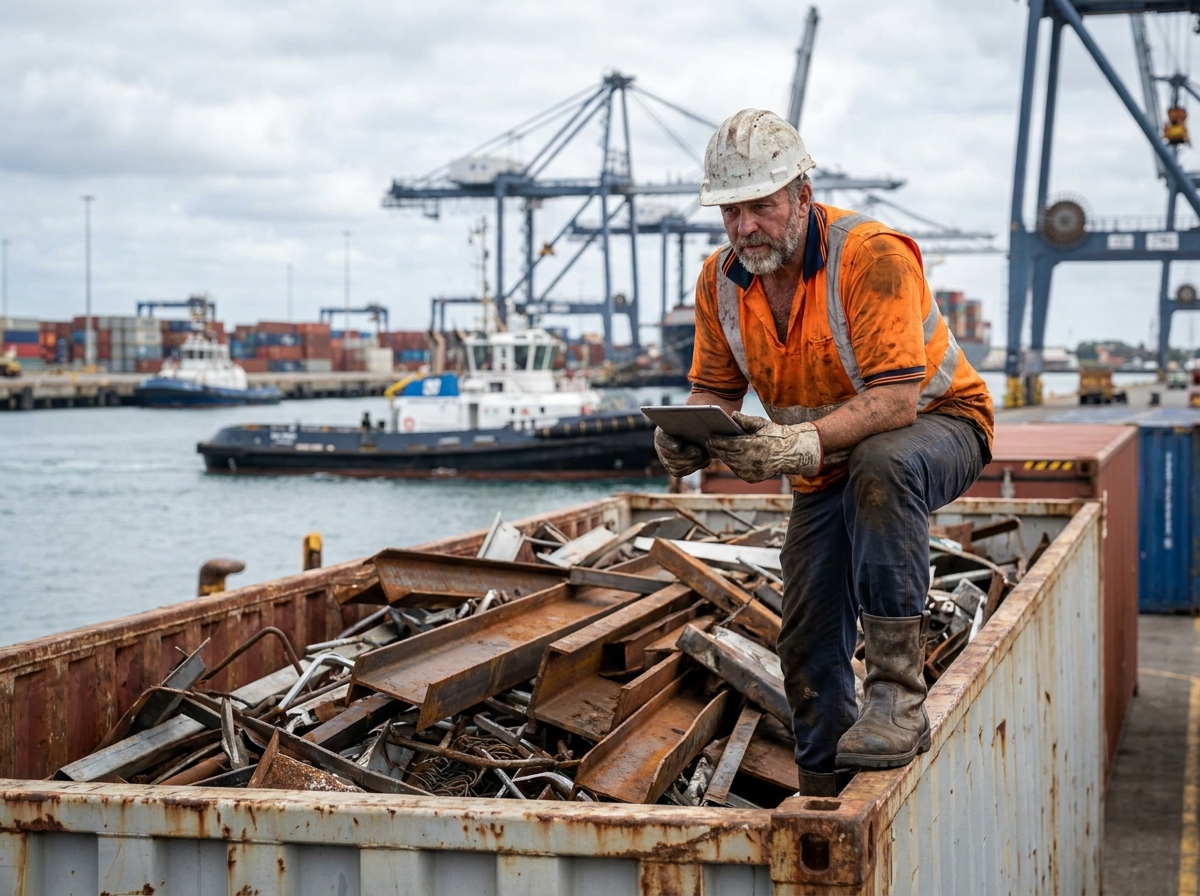 Ouvrier portuaire inspectant un chargement de ferraille dans un conteneur à toit amovible