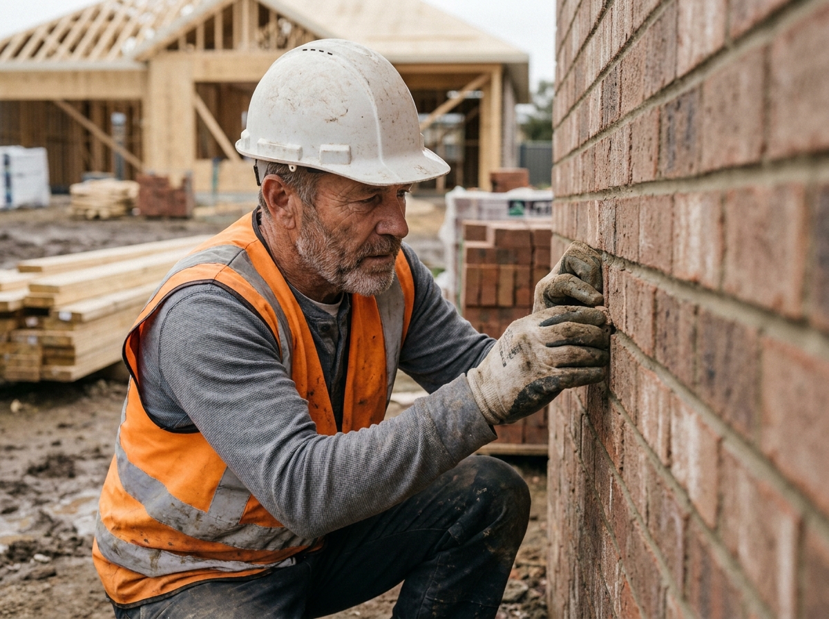 Ouvrier du bâtiment inspectant attentivement un mur en briques sur un chantier résidentiel, illustrant l'importance de la qualité de construction couverte par la garantie décennale