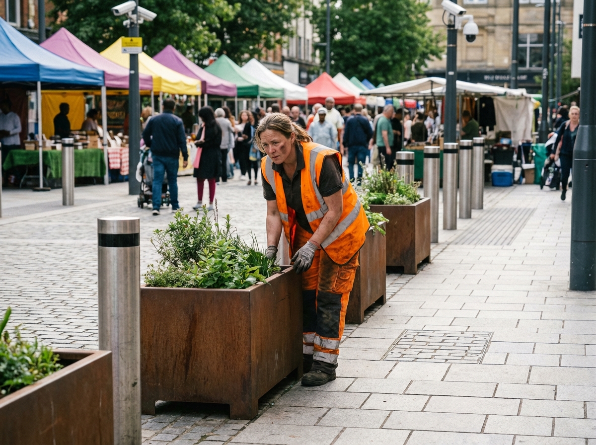 Femme inspectant des jardinières dans un marché urbain