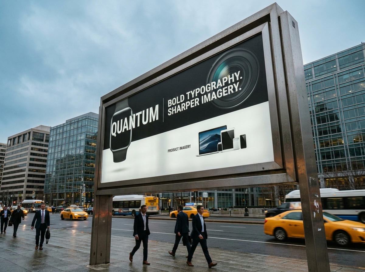 Grand panneau publicitaire fixe en bord de boulevard urbain avec affiche corporate en format 4x3