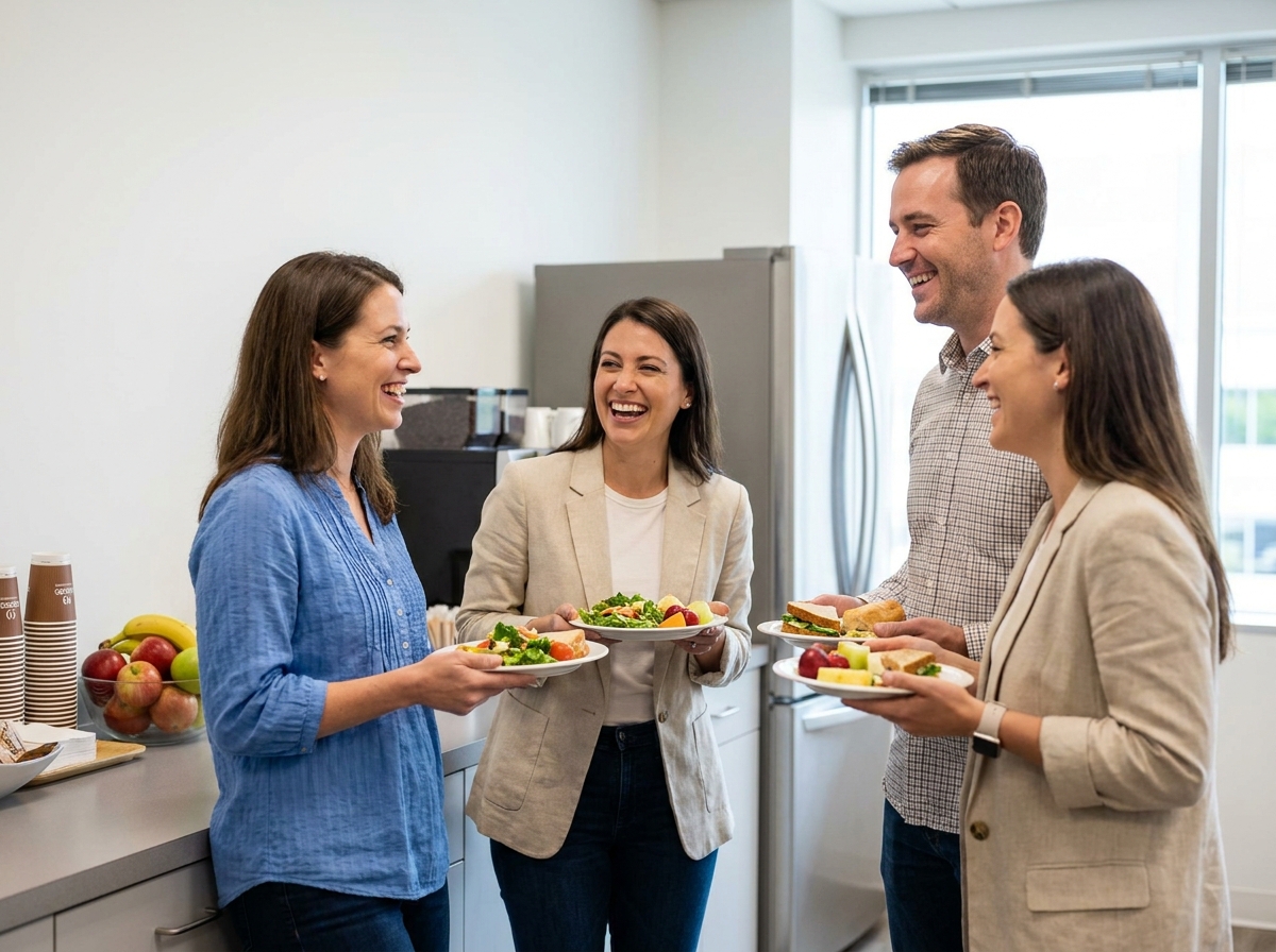Trois participants à une formation professionnelle discutant avec enthousiasme autour d'un buffet lors de la pause déjeuner