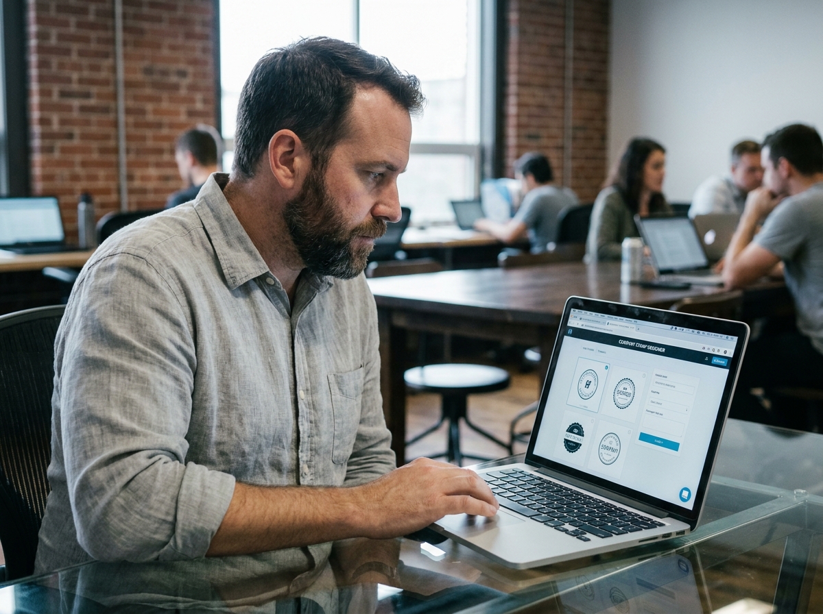 Entrepreneur créant un tampon d'entreprise personnalisé en ligne sur un ordinateur portable dans un espace de coworking