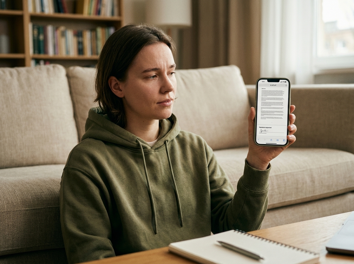 Jeune personne hésitante lisant un document PDF sur smartphone avant de signer numériquement depuis son salon