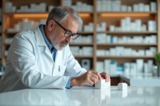 Pharmacien comparant deux boîtes de médicaments Ce loxam et Celoxam sur un comptoir de pharmacie moderne
