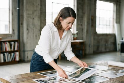 Photographe professionnelle évaluant une banque d'images dans un studio créatif moderne
