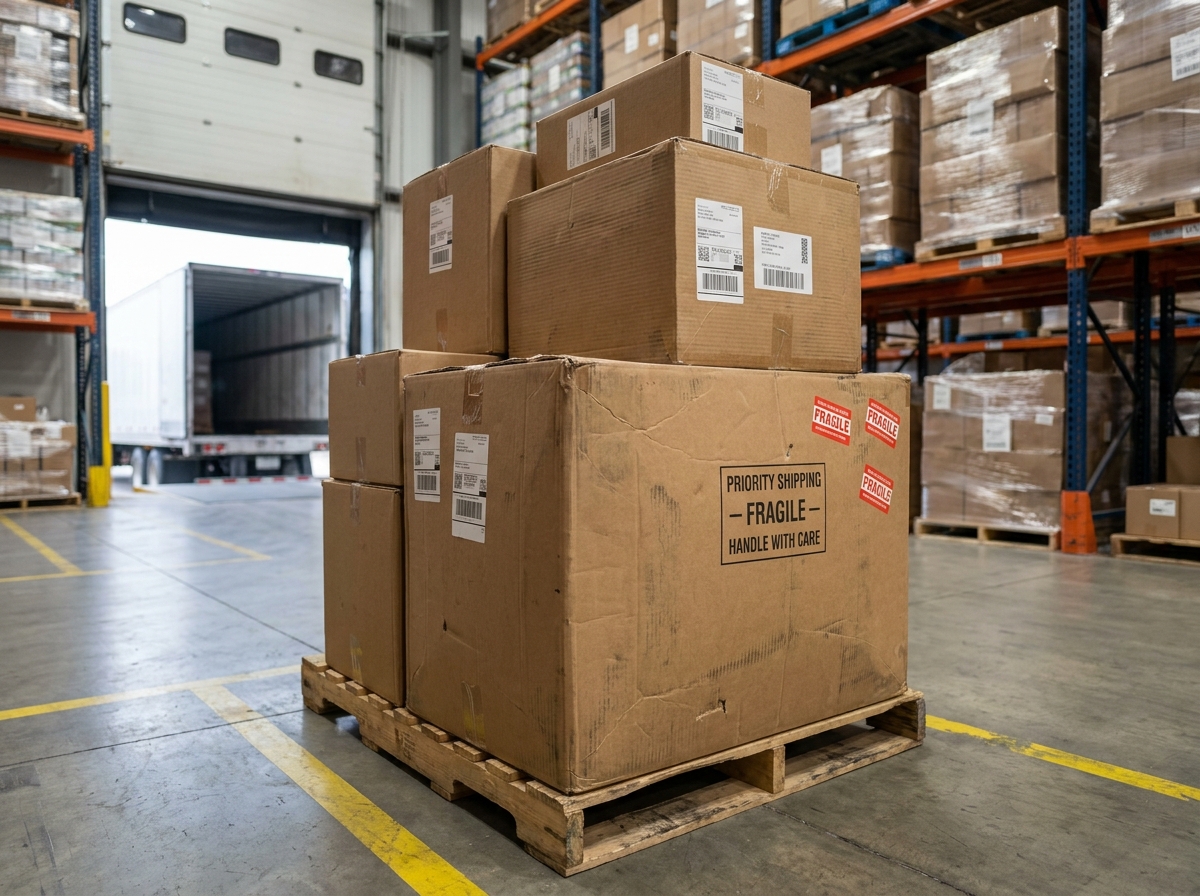 Pile de caisses carton de différentes tailles sur une palette dans un entrepôt logistique e-commerce