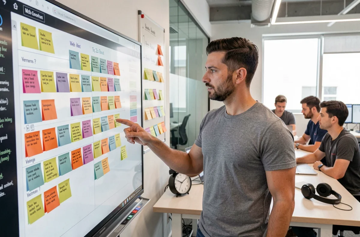 Chef de projet de Pilot'in gérant un sprint de projet web sur un tableau agile numérique