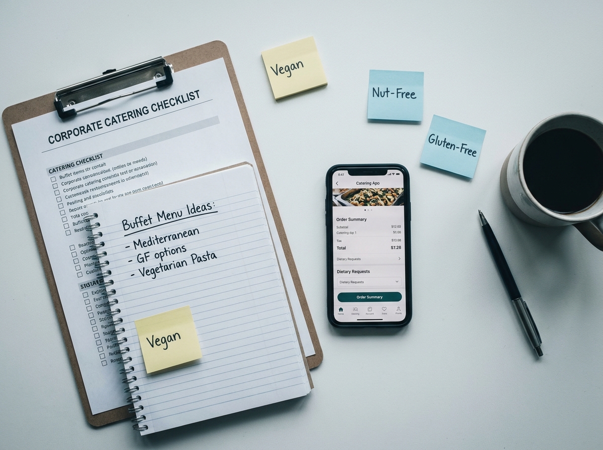 Vue de dessus d'un bureau avec checklist de traiteur, notes manuscrites et smartphone pour planifier un buffet d'entreprise sans stress