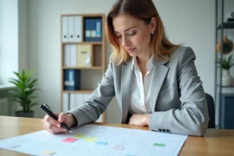 Femme professionnelle consultant un calendrier 2026 annoté dans un bureau moderne pour planifier ses jours travaillés et RTT