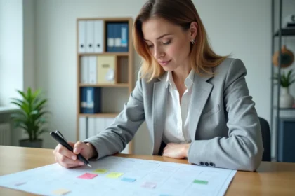 Femme professionnelle consultant un calendrier 2026 annoté dans un bureau moderne pour planifier ses jours travaillés et RTT