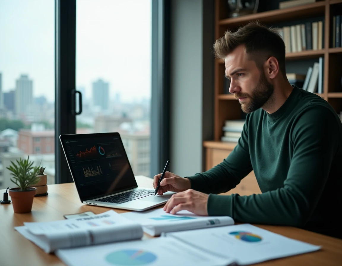 Porteur de projet analysant des opportunités d'entreprise sur ordinateur dans un bureau à domicile avec vue urbaine