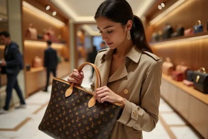 Jeune femme admirant un sac Louis Vuitton Neverfull dans une boutique de luxe parisienne